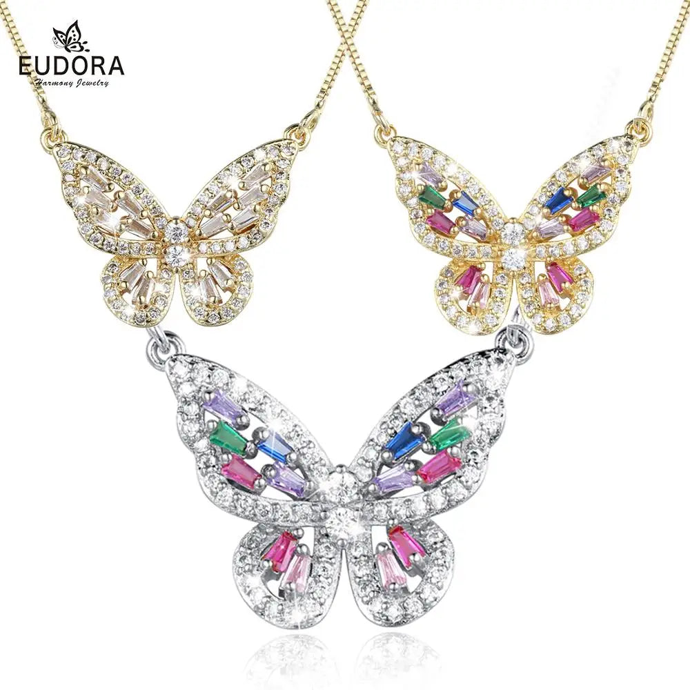 Crystal Birthstone Butterfly Necklace Silver Pendant