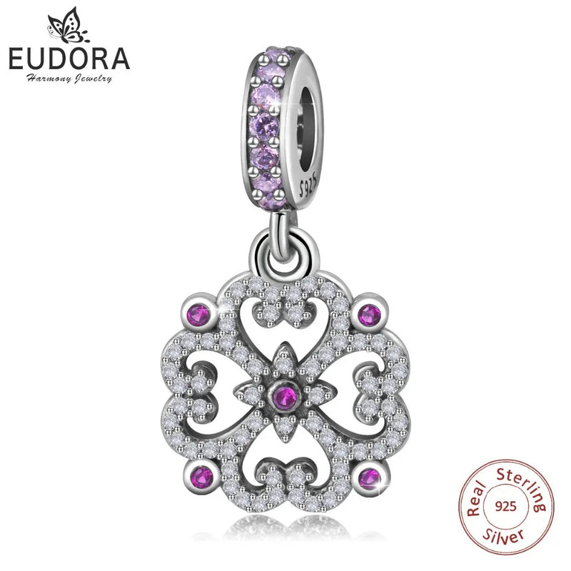 925 Silver Flowers Purple Clear CZ Charms Beads for Bracelets & Necklac