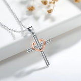 Sterling Silver Cross Pendant Necklace with Rose Heart - Women Jewelry Gift