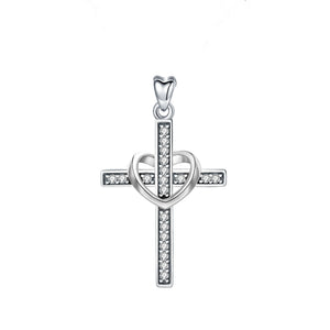 Sterling Silver Cross Pendant Necklace with Rose Heart - Women Jewelry Gift