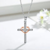 Sterling Silver Cross Pendant Necklace with Rose Heart - Women Jewelry Gift