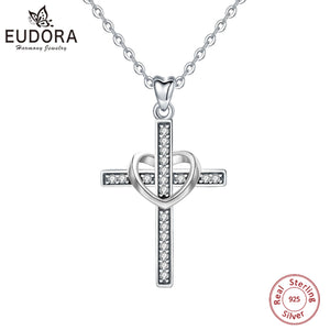 Sterling Silver Cross Pendant Necklace with Rose Heart - Women Jewelry Gift
