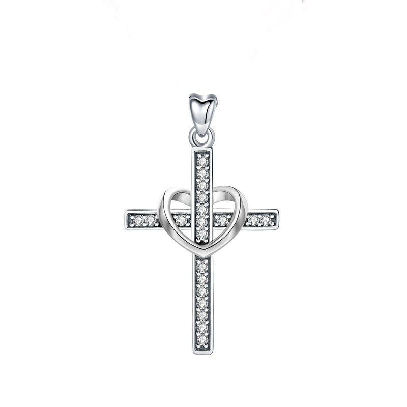 Sterling Silver Cross Pendant Necklace with Rose Heart - Women Jewelry Gift