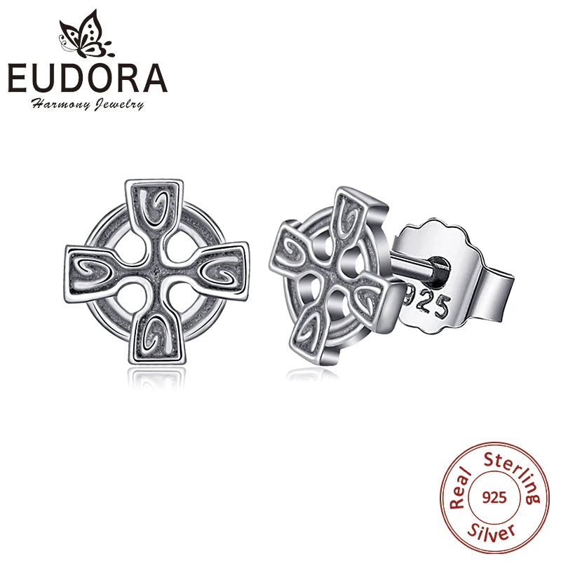 925 Silver Celtics Knot Cross Stud Earring Vintage Dangler CYE34