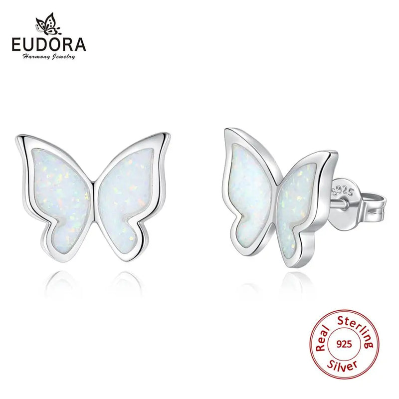 925 Silver Opal Butterfly Stud Earrings with Box