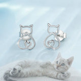 925 Silver Cat Ear Stud Earrings Hollow Out with Gift Box