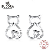 925 Silver Cat Ear Stud Earrings Hollow Out with Gift Box