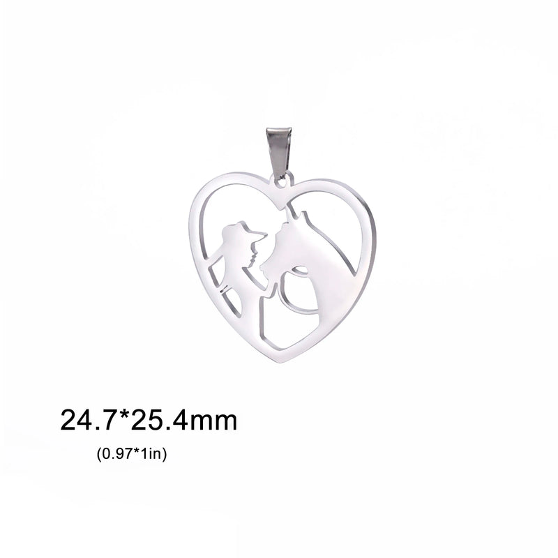5pcs Heart Girl Horse Pendant Stainless Steel Charm Animal Lover Jewelry