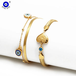 Adjustable Stainless Steel Snake Chain Bracelet with Evil Eye Charm
