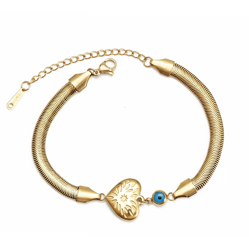 Adjustable Stainless Steel Snake Chain Bracelet with Evil Eye Charm