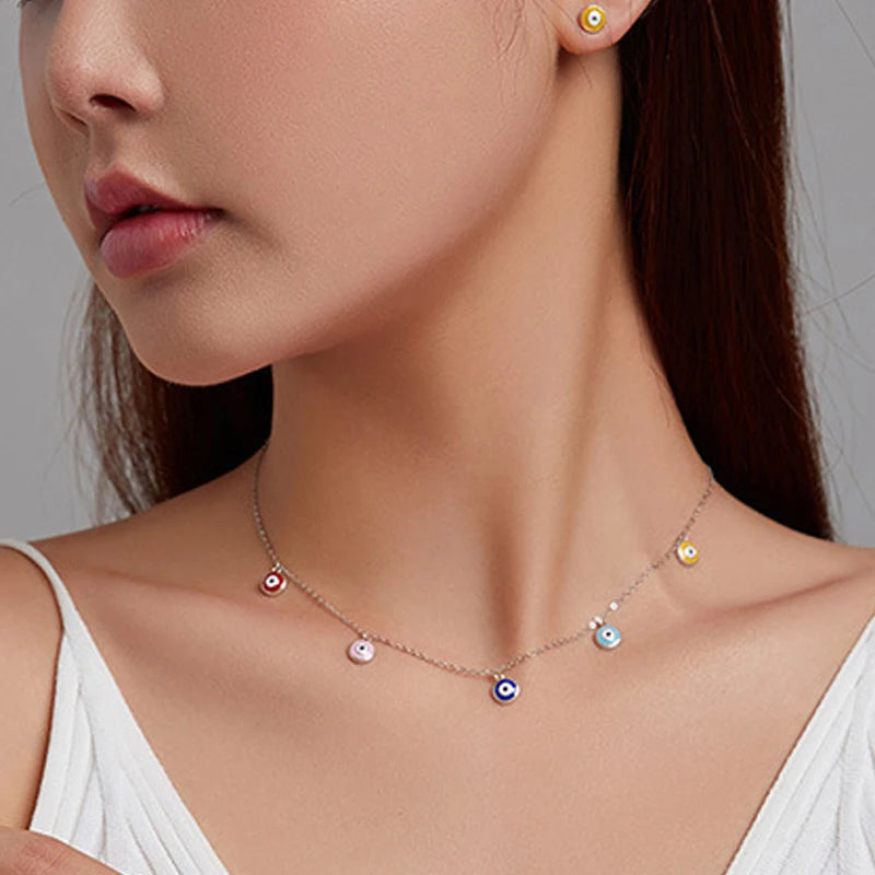 Colorful Tassel Evil Eye Pendant Necklace 925 Sterling Silver Jewelry