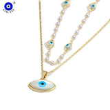 Double Layer Evil Eye Round Pendant Necklace Copper Link Chain Jewelry BE615