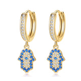 925 Silver Fatima Hamsa Hand Evil Eye Drop Earrings
