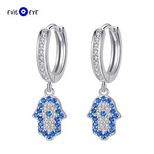 925 Silver Fatima Hamsa Hand Evil Eye Drop Earrings