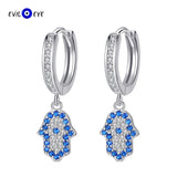 925 Silver Fatima Hamsa Hand Evil Eye Drop Earrings