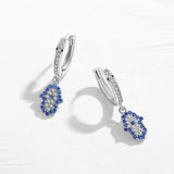 925 Silver Fatima Hamsa Hand Evil Eye Drop Earrings