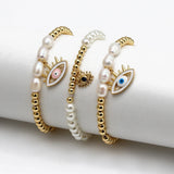 Pearl Bead Bracelet Evil Eye Charm Micro Pave Zircon Women Girls Men