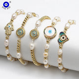 Pearl Bead Bracelet Evil Eye Charm Micro Pave Zircon Women Girls Men