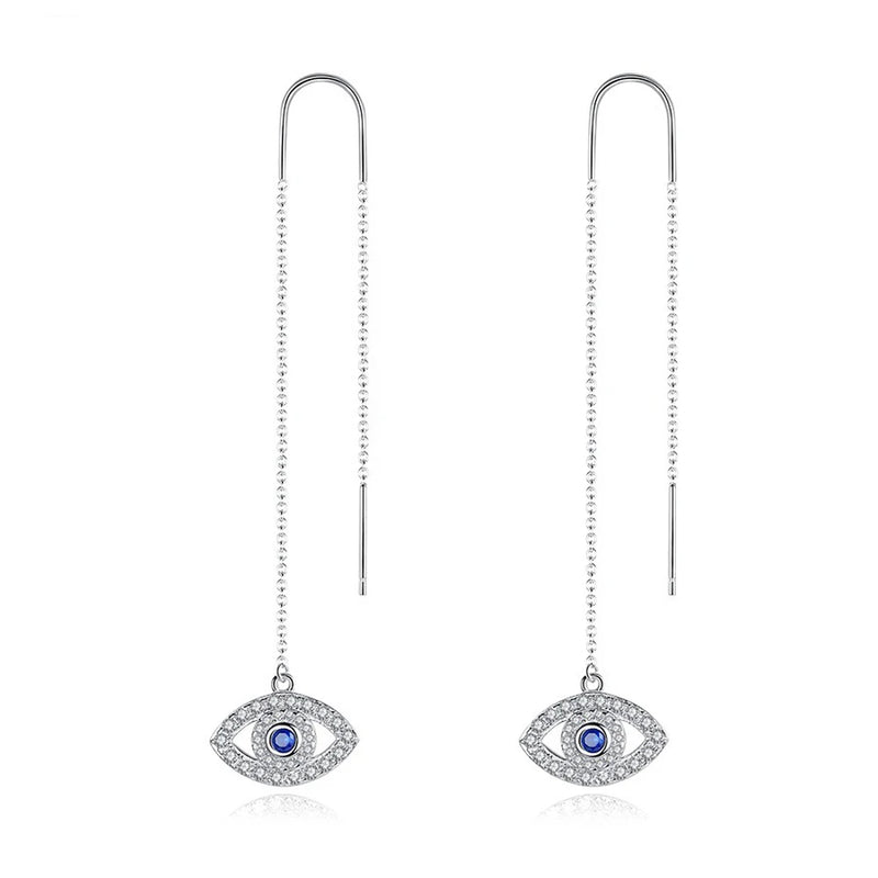 925 Silver Evil Eye Dangle Earrings Long Chain Drop