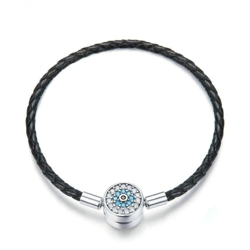 Micro Pave Evil Eye Charm Bracelet 925 Sterling Silver Leather Bracelet