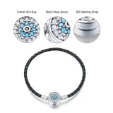 Micro Pave Evil Eye Charm Bracelet 925 Sterling Silver Leather Bracelet