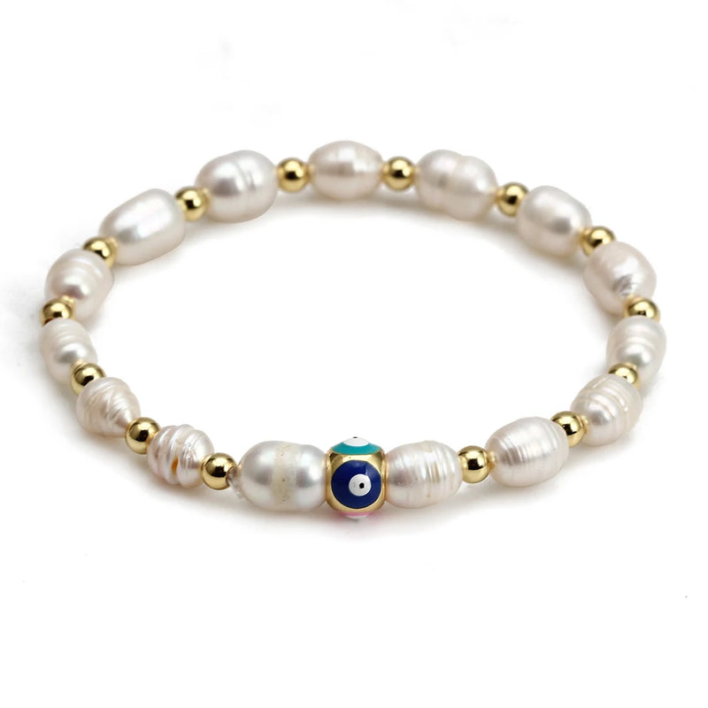 Natural Pearl Bead Bracelet Evil Eye Beaded Bracelet Women Girls Men Jewelry
