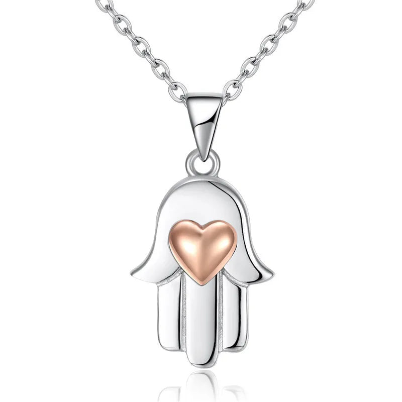 S925 Hamsa Hand Heart Pendant Necklace for Women Girls
