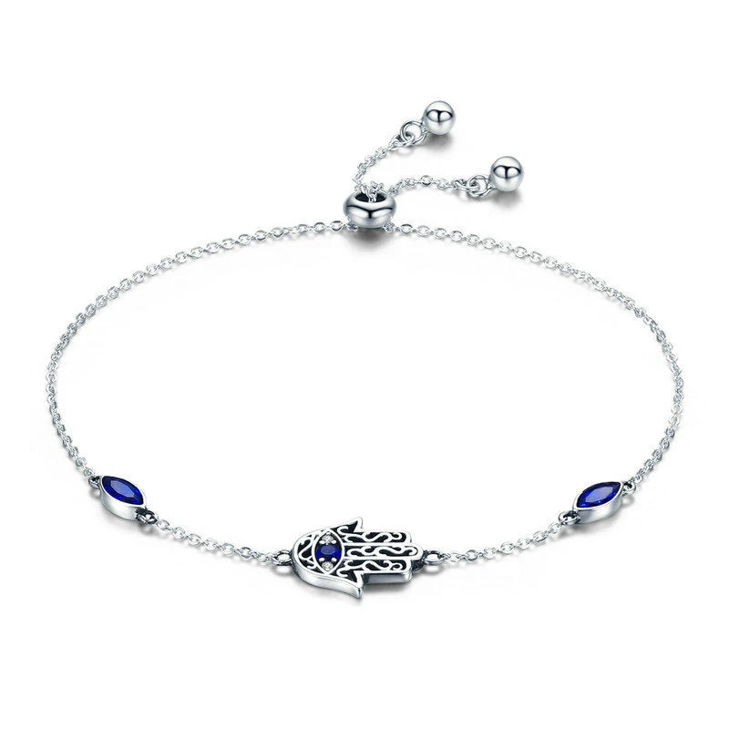 S925 Dainty Chain Bracelet Adjustable Zircon Fatima Hand Evil Eye Charm Women