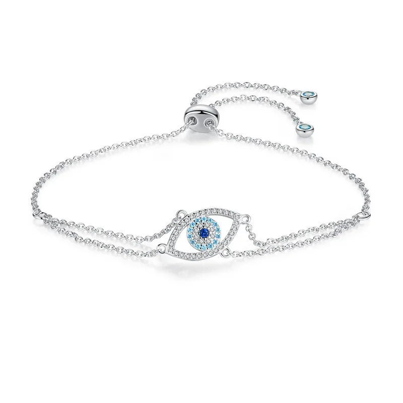 Sterling Silver Double Layer Chain Bracelet Evil Eye Charm