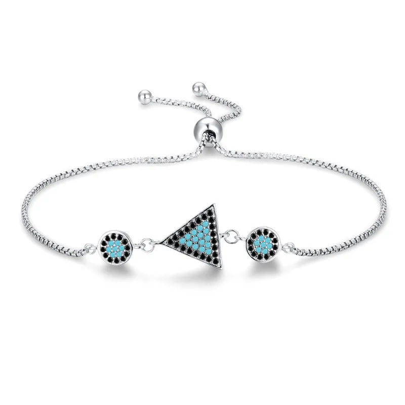 925 Silver Evil Eye Bracelet Triangle Round Charm Adjustable Bracelet