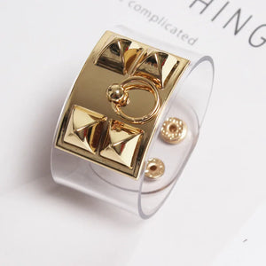 Spring Rivet Gold-plated Alloy Leather Bracelet Women Punk Transparent Bangle