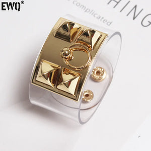 Spring Rivet Gold-plated Alloy Leather Bracelet Women Punk Transparent Bangle