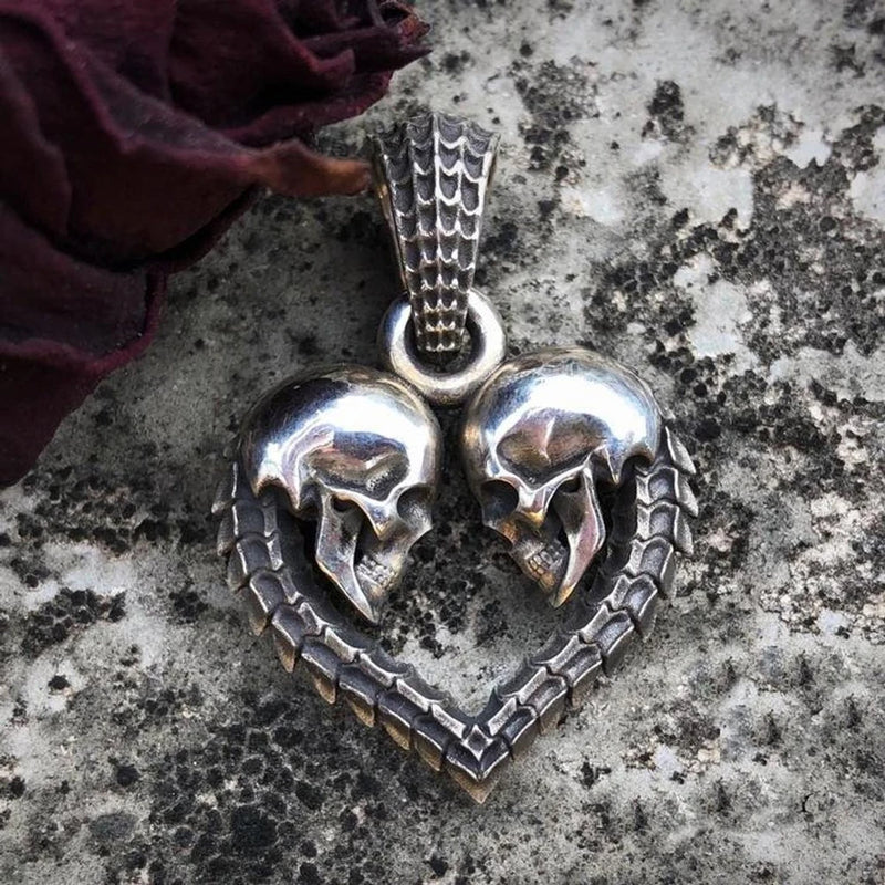 EYHIM Double Skull Heart Men Necklace Pendant Gothic Couple Jewelry Gift