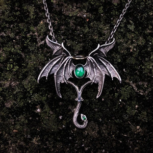 Vintage Gothic Angel Demon Wings Green Stone Pendant Necklace Men Punk Biker