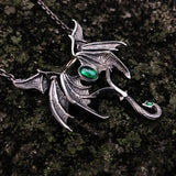 Vintage Gothic Angel Demon Wings Green Stone Pendant Necklace Men Punk Biker