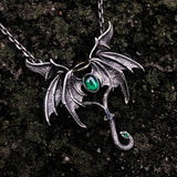 Vintage Gothic Angel Demon Wings Green Stone Pendant Necklace Men Punk Biker