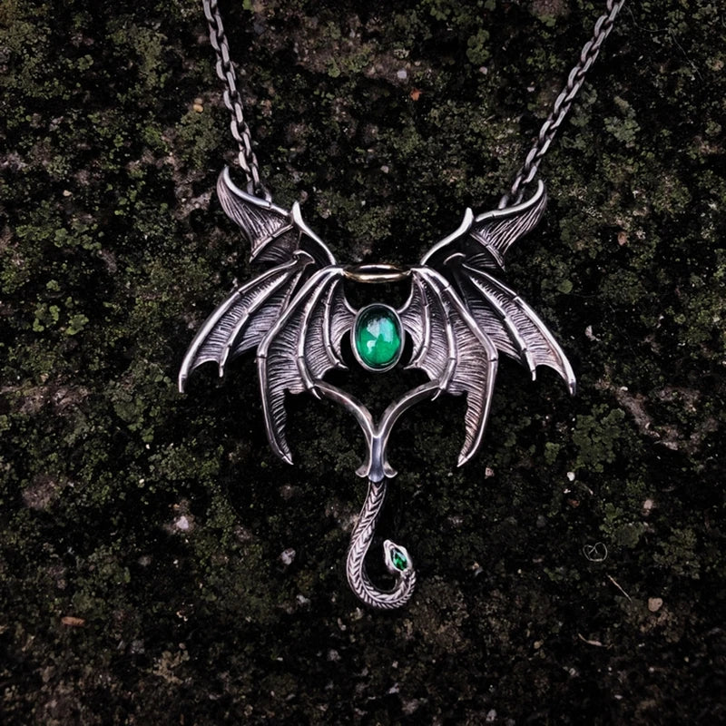 Vintage Gothic Angel Demon Wings Green Stone Pendant Necklace Men Punk Biker