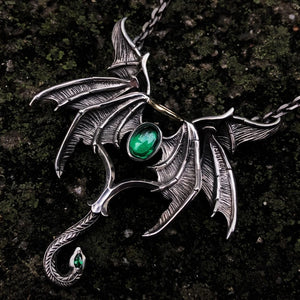 Vintage Gothic Angel Demon Wings Green Stone Pendant Necklace Men Punk Biker