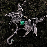 Vintage Gothic Angel Demon Wings Green Stone Pendant Necklace Men Punk Biker