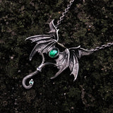Vintage Gothic Angel Demon Wings Green Stone Pendant Necklace Men Punk Biker