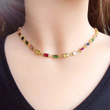 Boho Cross Pendant Necklace Multicolor Crystal CZ Chain Jewelry