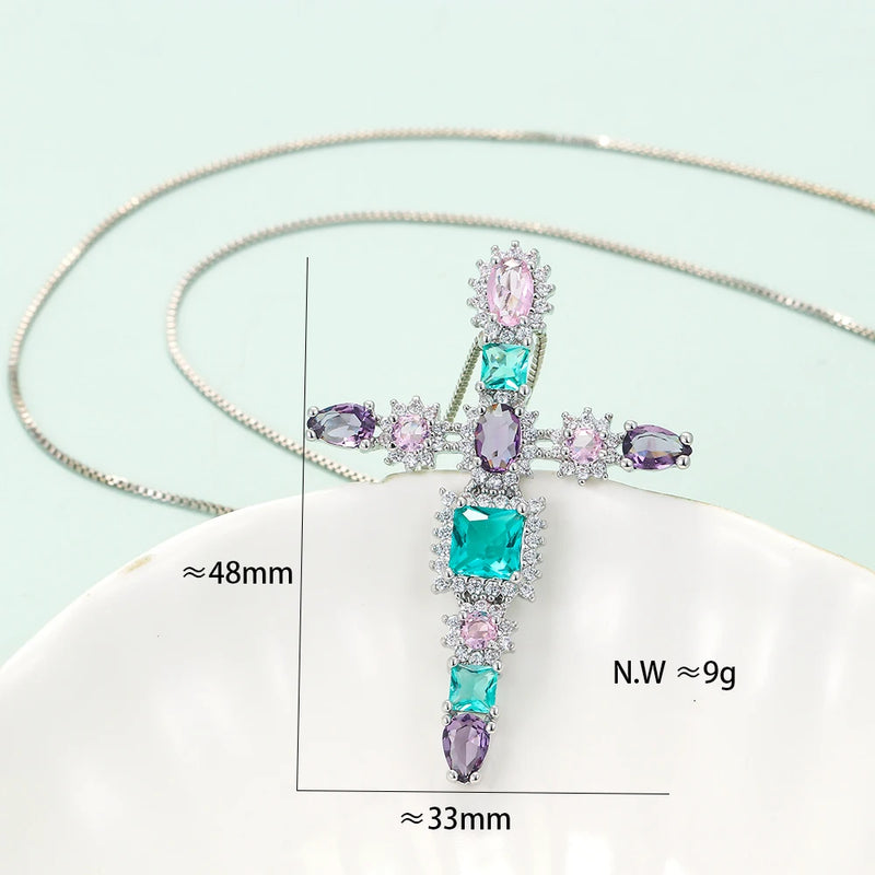 Boho Cross Pendant Necklace Multicolor Crystal CZ Chain Jewelry