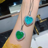 Vintage Green Fusion Crystal Heart Pendant Necklace Zircon Silver Chain