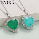 Vintage Green Fusion Crystal Heart Pendant Necklace Zircon Silver Chain