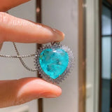 Vintage Green Fusion Crystal Heart Pendant Necklace Zircon Silver Chain