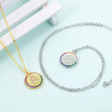 Initials Letter A Round Coin Pendant Name Necklace Rainbow Zircon Collar