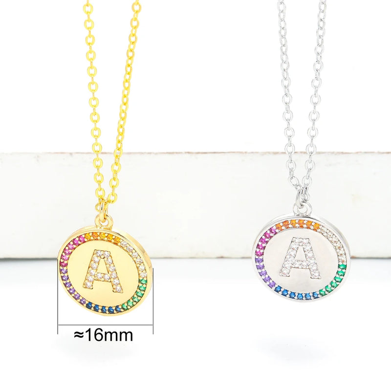 Initials Letter A Round Coin Pendant Name Necklace Rainbow Zircon Collar