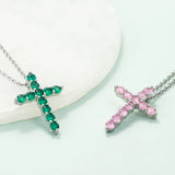 Silver Green Pink Crystal Zircon Jesus Cross Pendant Necklace