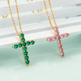 Silver Green Pink Crystal Zircon Jesus Cross Pendant Necklace