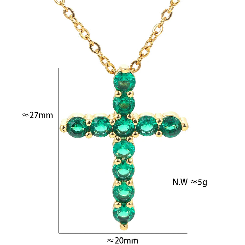 Silver Green Pink Crystal Zircon Jesus Cross Pendant Necklace